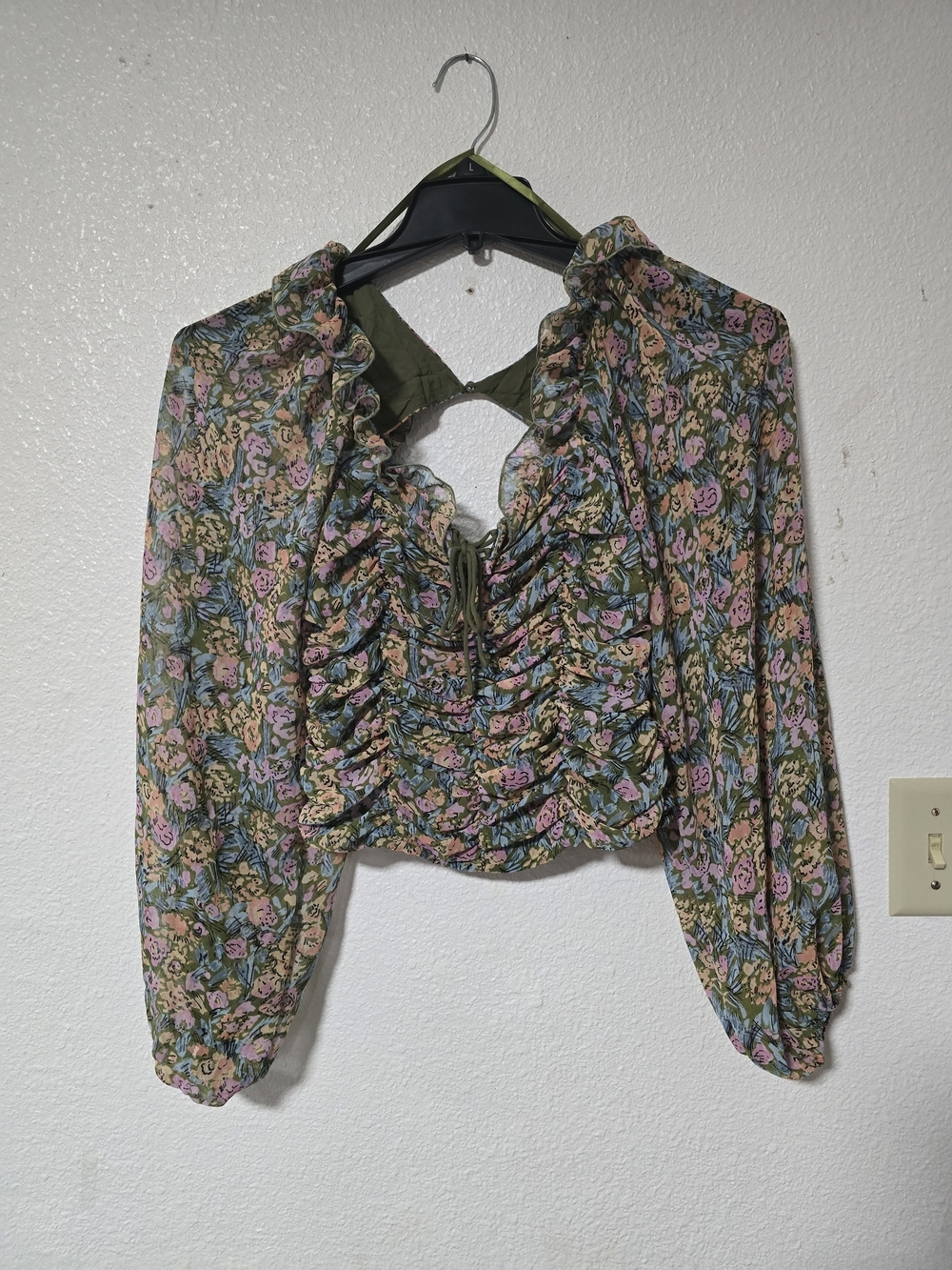 Free People Olive Multi Floral Ruffled Tie-Front Blouse